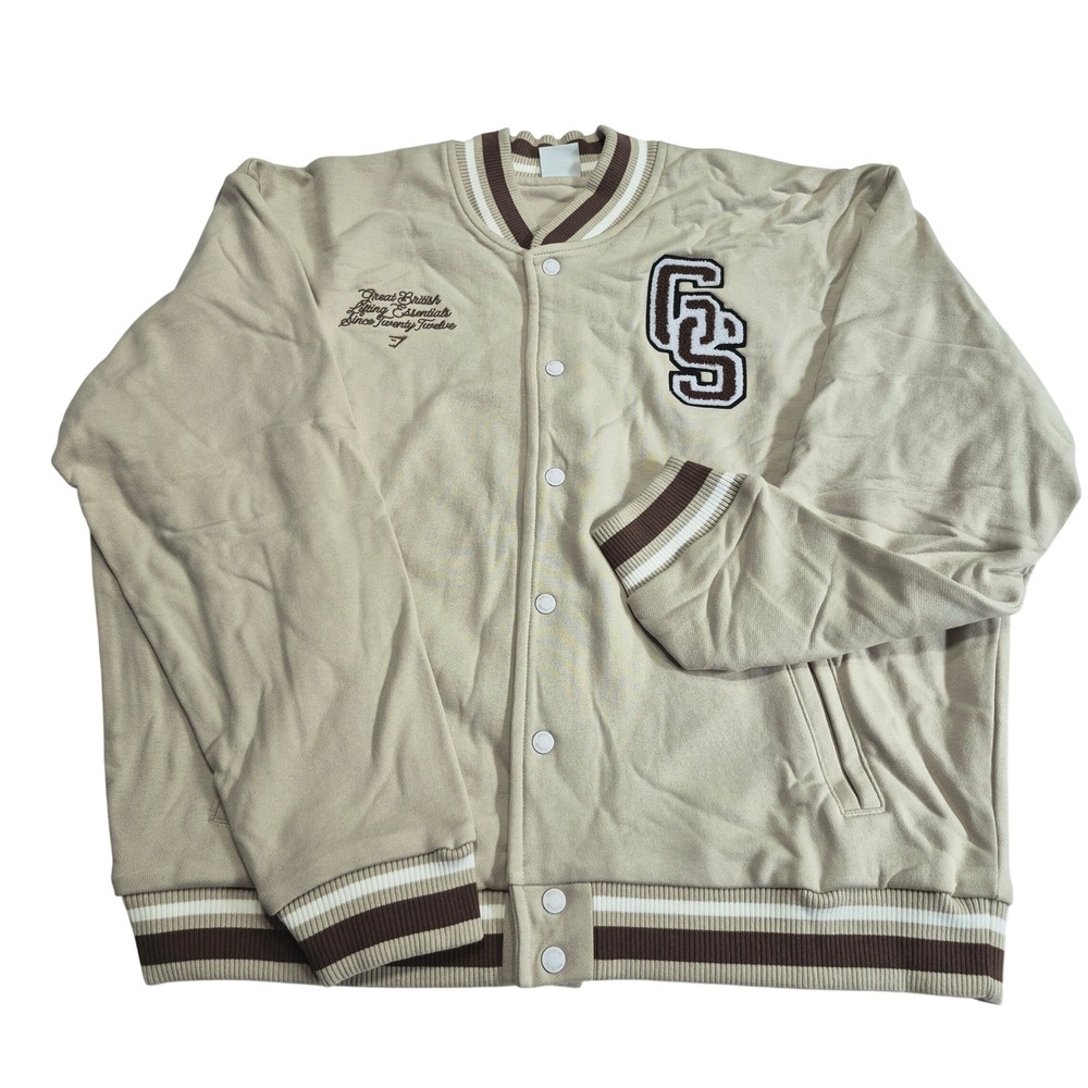 Gymshark Campus Varsity Jacket Men's Size 2XL Pebble Grey Oversized Fit